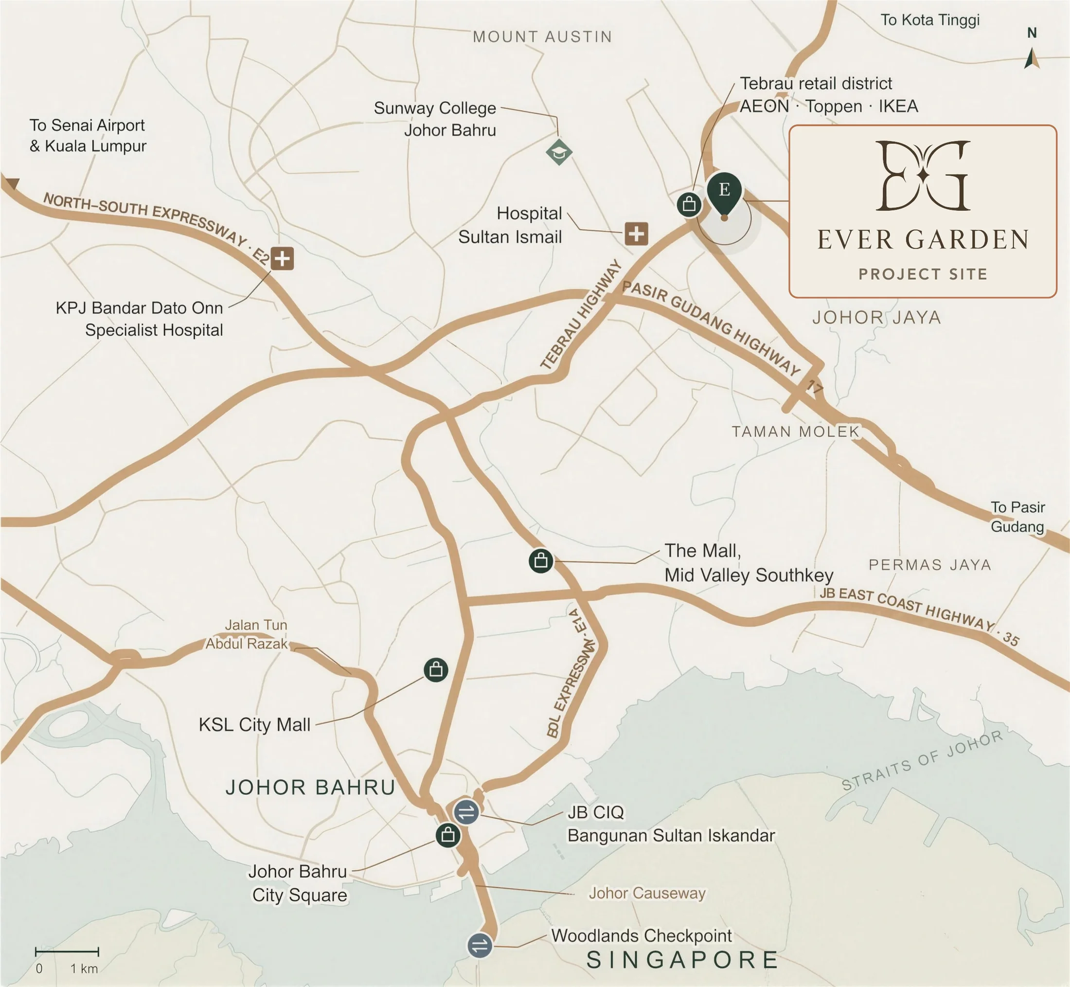 Regional map of Johor Bahru showing the Evergarden project site in Johor Jaya and its links via Tebrau Highway, Pasir Gudang Highway and the EDL Expressway to Mount Austin, Taman Molek, Permas Jaya, Johor Bahru city centre, JB CIQ and the Causeway to Singapore