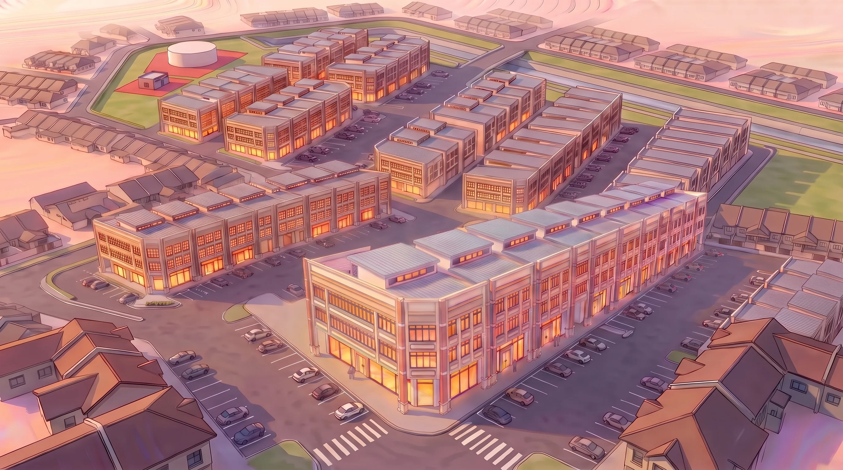 Aerial illustration of EverGarden showing parallel rows of shop offices, streets and parking across the site