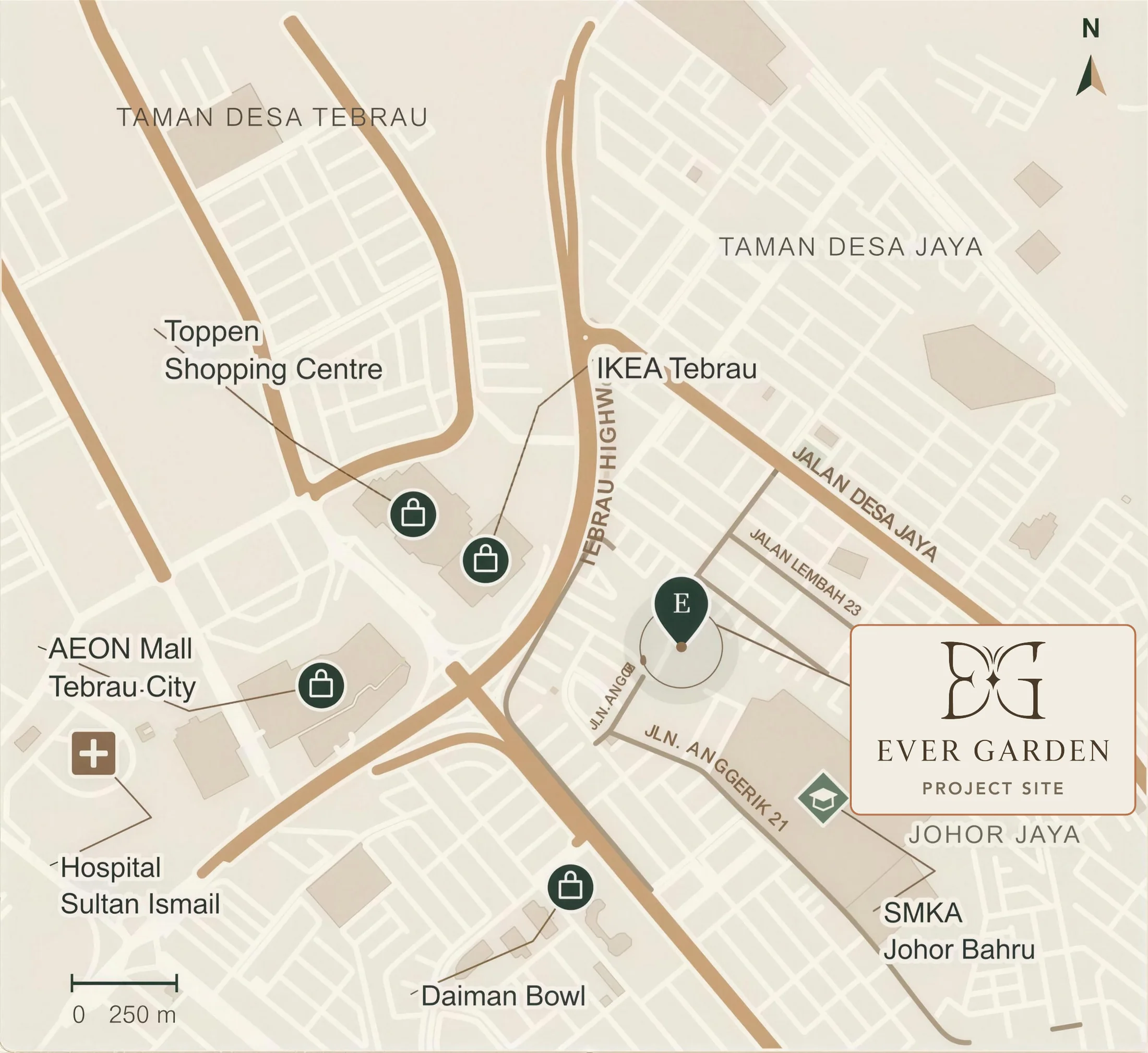 Neighbourhood map of Johor Jaya showing the Evergarden project site off Jalan Anggerik, with Tebrau Highway, IKEA Tebrau, Toppen Shopping Centre, AEON Mall Tebrau City, Hospital Sultan Ismail and Daiman Bowl marked