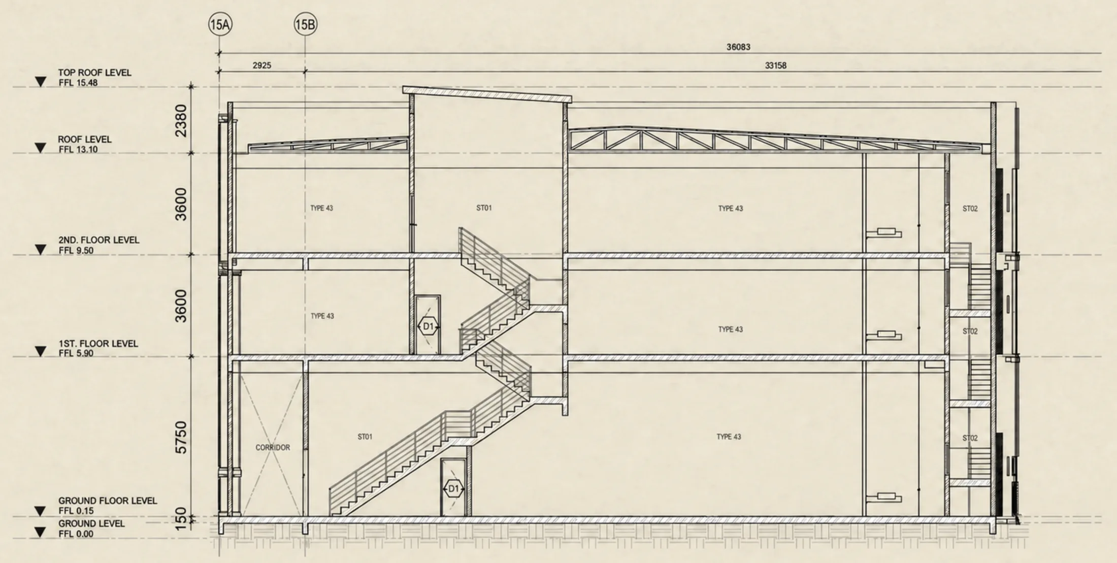 Representative cross-section through a three-storey Evergarden shop office, showing floor-to-floor and roof-level heights